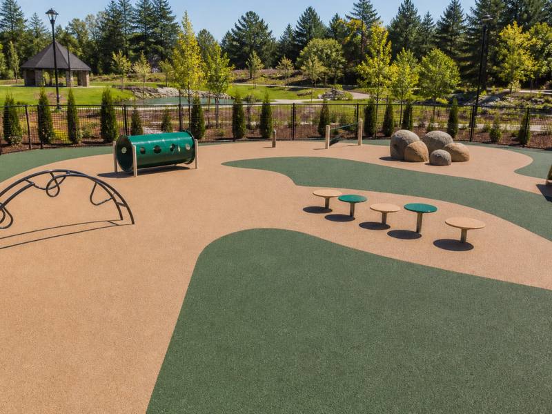 Tan and green rubber surfacing covering a fenced dog park in Sudbury