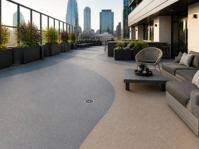 Condo terrace finished in speckled rubber surfacing