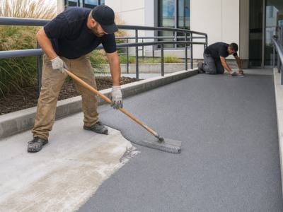 Entrance ramp being resurfaced in grey rubber