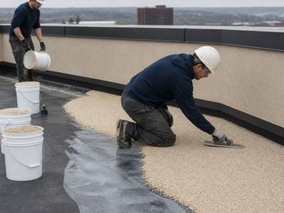 Tan rubber surfacing being poured on a rooftop terrace