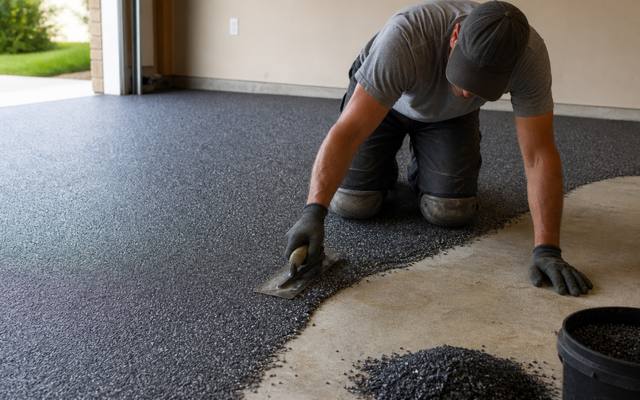 Charcoal rubber surfacing being spread by hand across a garage floor