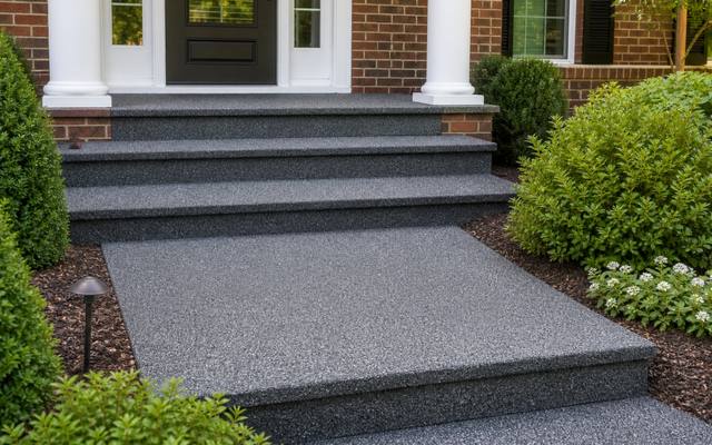 Front steps and landing finished in speckled grey rubber surfacing