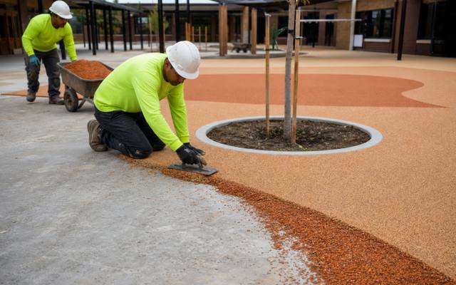 Crew member spreading tan rubber surfacing beneath school play equipment