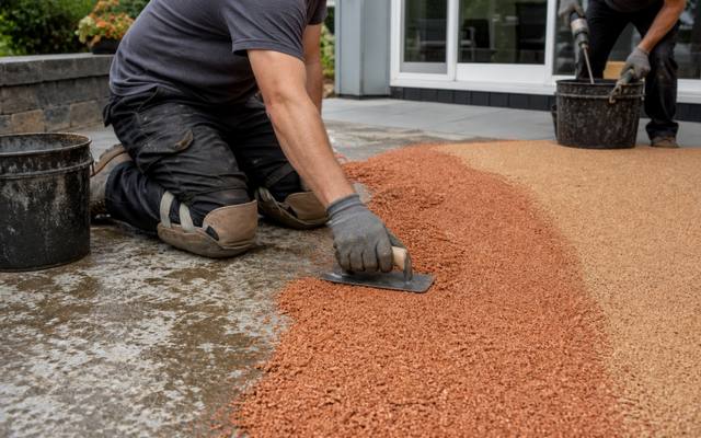 Installer troweling grey rubber surfacing along the edge of a backyard pool